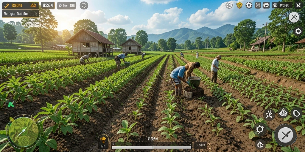 Screenshot 8364 menunjukkan berbagai tanaman yang tumbuh subur di ladang.