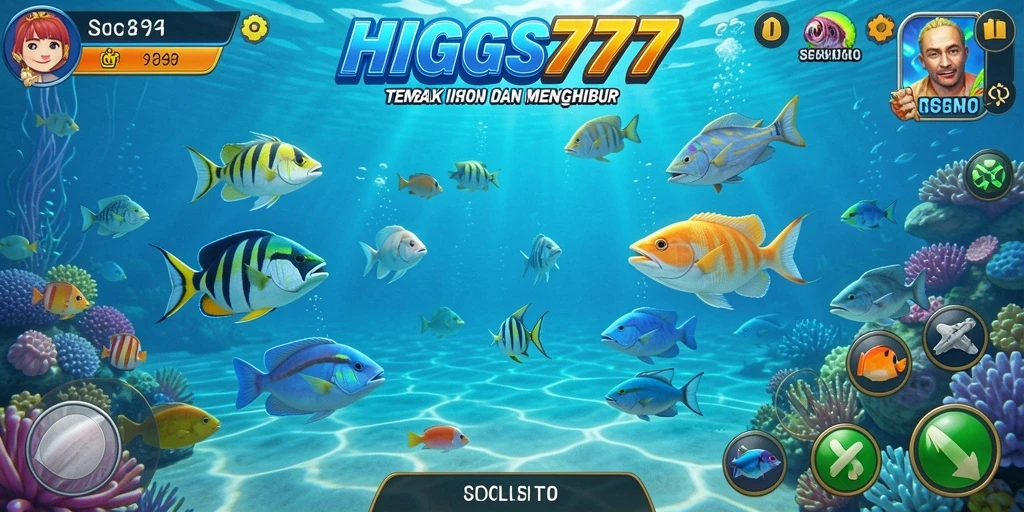 Tampilan screenshot HIGGS777 dengan ikan-ikan menarik dan senjata menembak.