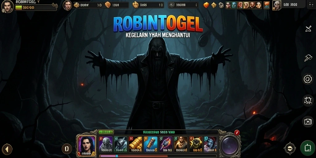 Tangkapan layar gameplay ROBINTOGEL dengan suasana gelap dan menakutkan.