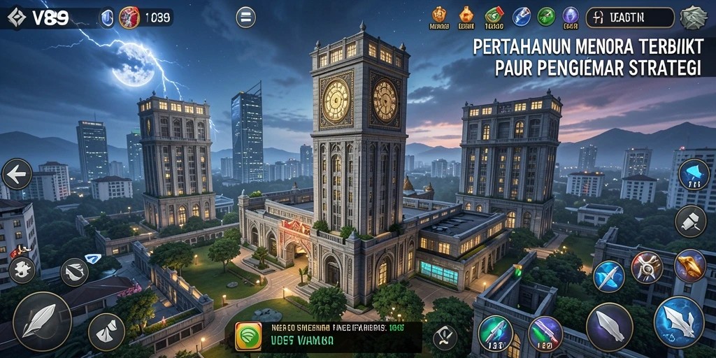 Tangkapan layar V89 menampilkan pertempuran menara epik dalam game Tower Defense.